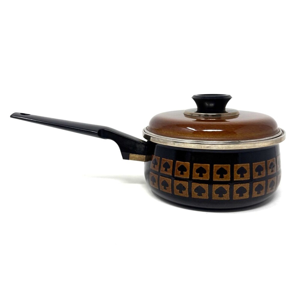 VTG West Bend Le Provencal Enamelware 1.5 Qt Sauce Pan Lid Brown Spade Mushroom